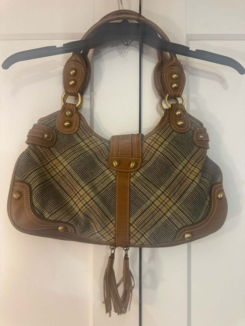 Rafe New York Plaid Wool and Leather Hobo Bag with Tassels - Picture 2 of 9
